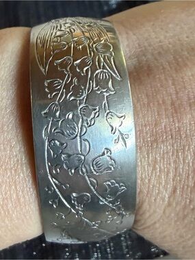 Kirk Stieff Lily of the Valley Engraved Floral Pewter Cuff Bracelet